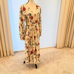 Elie Tahari Floral Linen Blend Long Sleeve Midi Dress Belted US 10